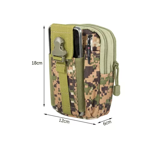 Többzsebes övtáska, vízlepergető, 18x12x6 cm, pixeles katonai álcaszínű