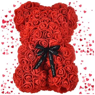 Mackó formájú puha műrózsa-csokor, 24x17x17 cm