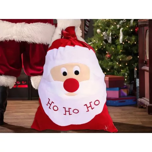 Mikulás ajándékzsák, nagy méret, piros, 60×50 cm szalaggal