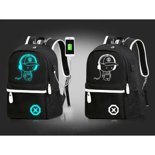 Fényvisszaverő, USB kimenetes ifjúsági iskolatáska, fekete 40×32×15 cm