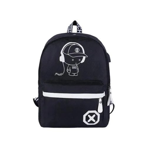 Fényvisszaverő, USB kimenetes ifjúsági iskolatáska, fekete 40×32×15 cm