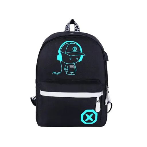 Fényvisszaverő, USB kimenetes ifjúsági iskolatáska, fekete 40×32×15 cm