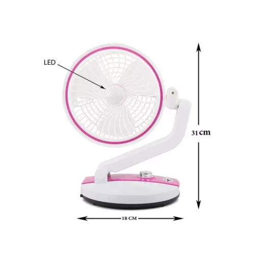 Összecsukható vezeték nélküli asztali ventilátor LED fénnyel, USB, rózsaszín