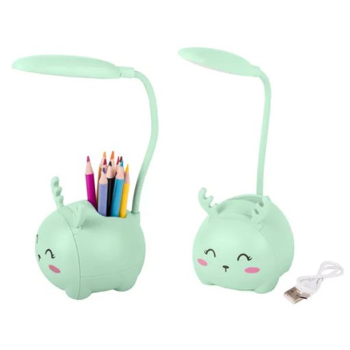 Zöld, állatfigurás LED éjjeli lámpa gyerekeknek, USB-s, ceruzatartóval