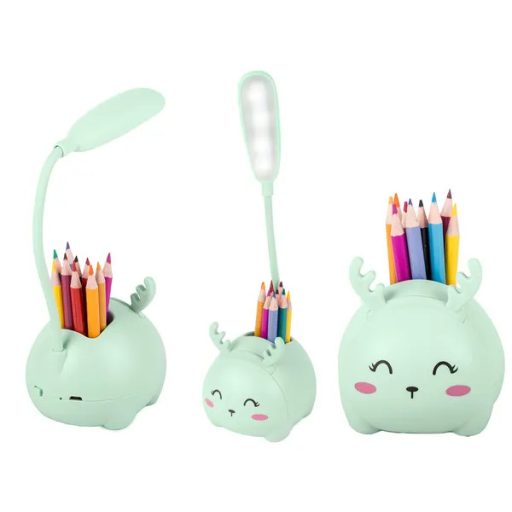 Zöld, állatfigurás LED éjjeli lámpa gyerekeknek, USB-s, ceruzatartóval