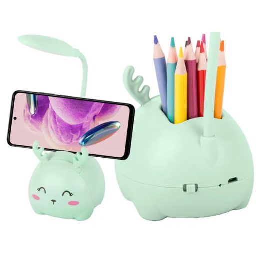 Zöld, állatfigurás LED éjjeli lámpa gyerekeknek, USB-s, ceruzatartóval