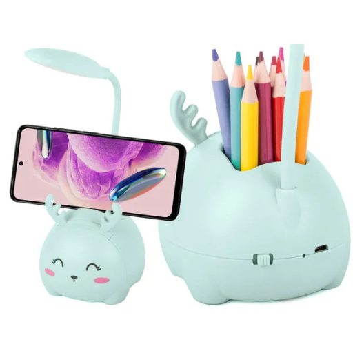 LED gyerek éjjeli lámpa USB-tölthető, telefon- és írószertartó, kék