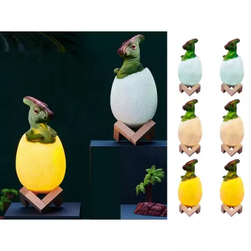 Triceratops dinoszaurusz RGB LED tojás éjjeli lámpa, fa talp, gyerekeknek