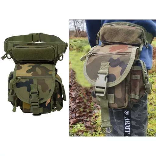 Vízálló taktikai comb- és csípőtáska, 31x20x13 cm, 6 zseb, MOLLE