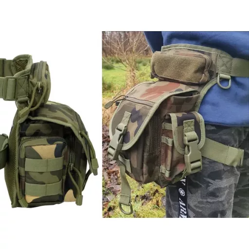 Vízálló taktikai comb- és csípőtáska, 31x20x13 cm, 6 zseb, MOLLE