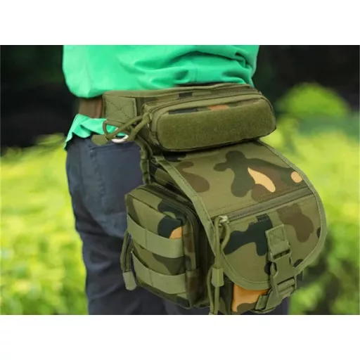 Vízálló taktikai comb- és csípőtáska, 31x20x13 cm, 6 zseb, MOLLE
