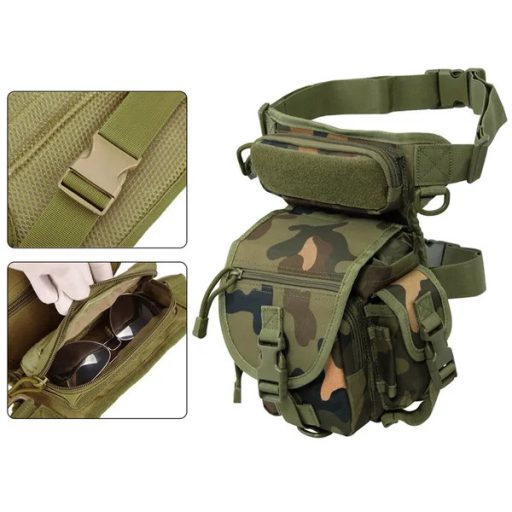 Vízálló taktikai comb- és csípőtáska, 31x20x13 cm, 6 zseb, MOLLE