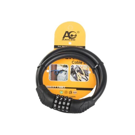 Kerékpár spirálzár 60 cm, acél kábel, 4 jegyű számkombináció, fekete