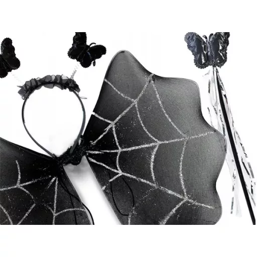 Lány Halloween jelmez szett: tüll szoknya, pókhálós szárny, fejpánt, pálca