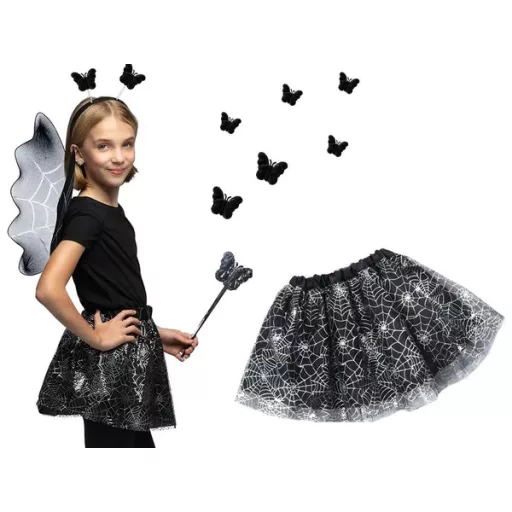 Lány Halloween jelmez szett: tüll szoknya, pókhálós szárny, fejpánt, pálca