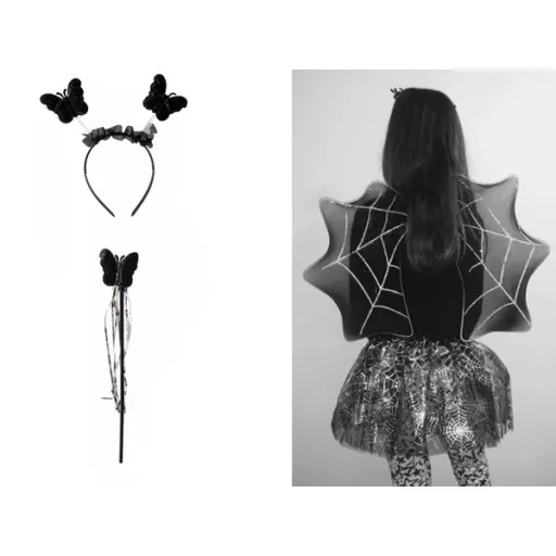 Lány Halloween jelmez szett: tüll szoknya, pókhálós szárny, fejpánt, pálca