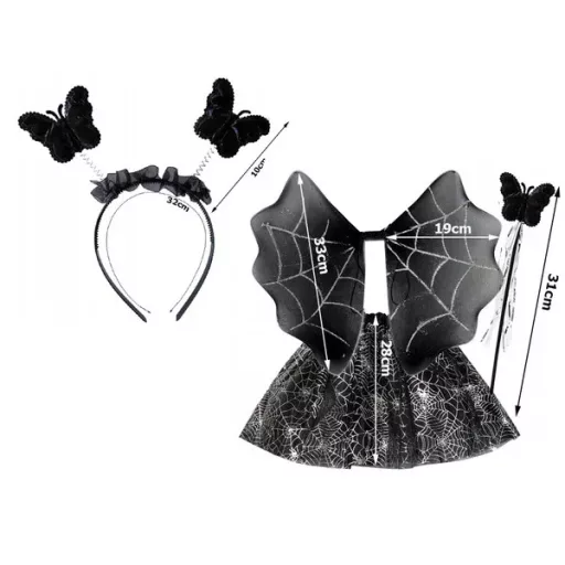 Lány Halloween jelmez szett: tüll szoknya, pókhálós szárny, fejpánt, pálca