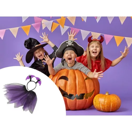 Halloween gyerek jelmez, fekete-lila tüllszoknya + denevér fejpánt, univerzális