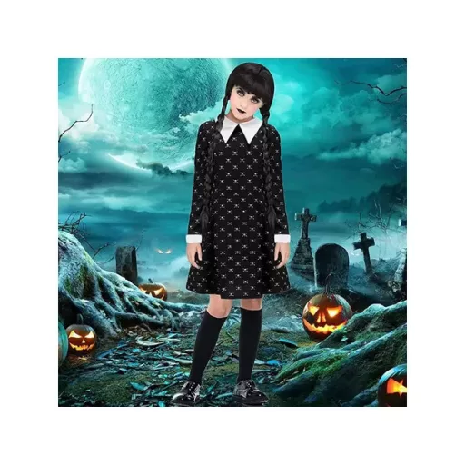 Wednesday Addams gyerek jelmez fekete ruha fehér gallérral, 125–135 cm
