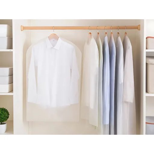 Öltöny- és kabátvédő huzat, 60x100 cm, PEVA, portaszító, akasztónyílással