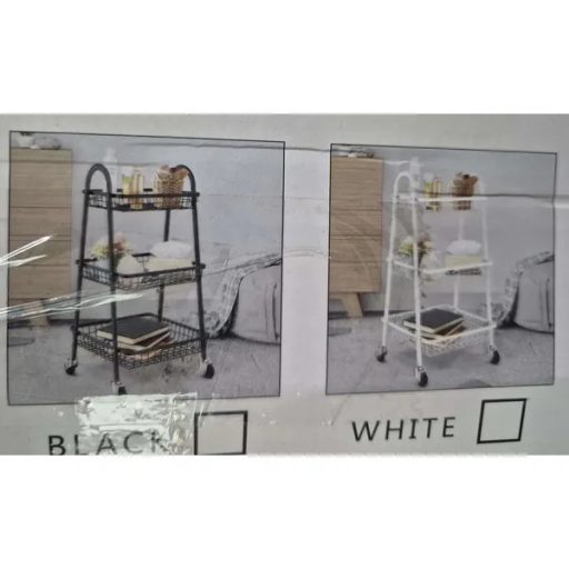 Háromszintes fém tárolókocsi fékezhető kerekeken, 78×40×32 cm