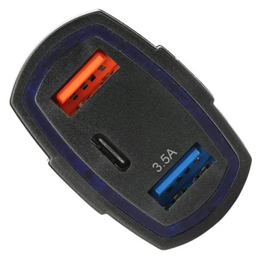 Autós QC 3.0 gyorstöltő, 2×USB + USB-C, 12–24 V, 3.1 A, fekete