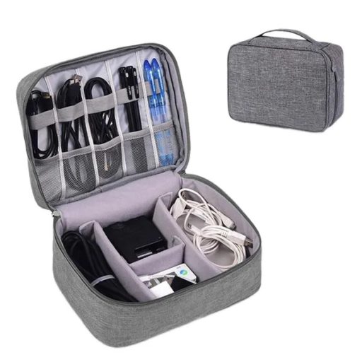 Multifunkcionális kábel és elektronikai tartozék rendszerező táska, 24,5 cm x 18,5 cm x 10 cm, szürke