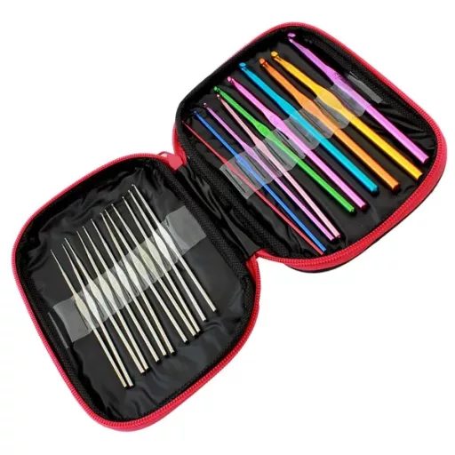 50 db-os professzionális horgolókészlet színes alumínium tűkkel (0,6-6,5 mm) cipzáros tokban