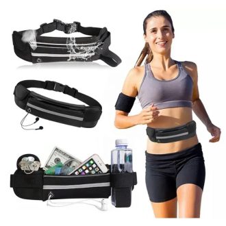   Fekete futóöv palacktartóval és cipzáras telefontartó zsebbel, 77–96 cm