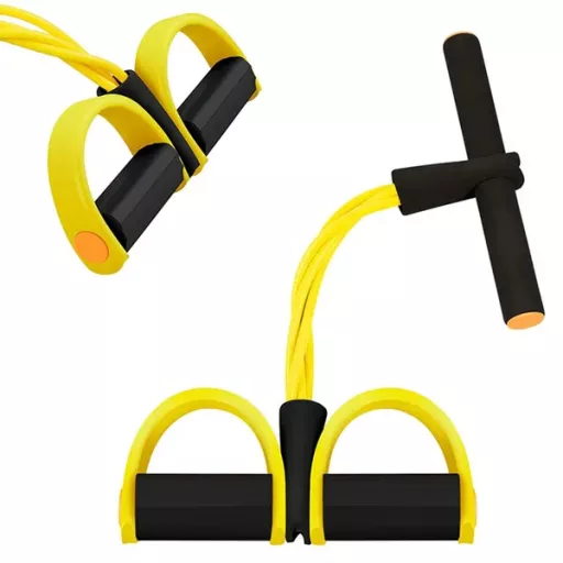 4 csöves latex láb- és hasizom expander, habszivacs markolattal, fekete/sárga