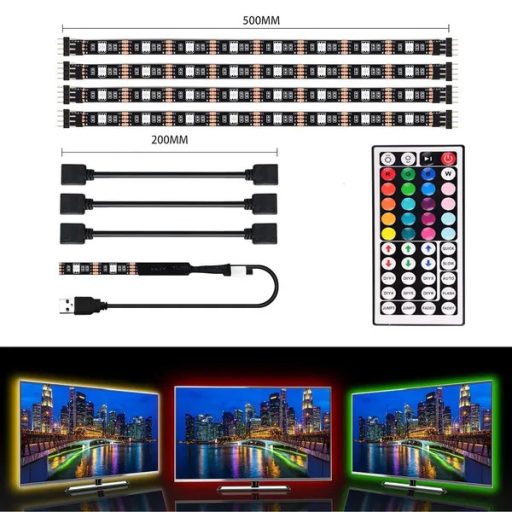 RGB LED TV háttérvilágítás készlet, 4×50 cm USB, távirányítóval