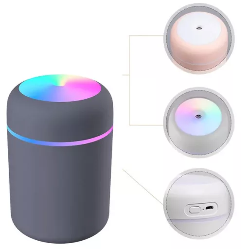 Ultrahangos USB mini párásító LED lámpával, 300 ml, szürke