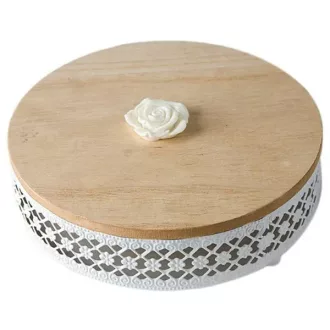   Dekoratív fém tároló fa tetővel, áttört mintázattal, 16×10 cm