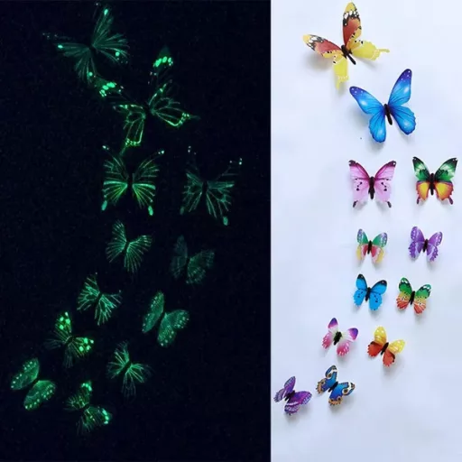 Fluoreszkáló 3D falmatrica pillangók, 12 db-os szett, vegyes színek
