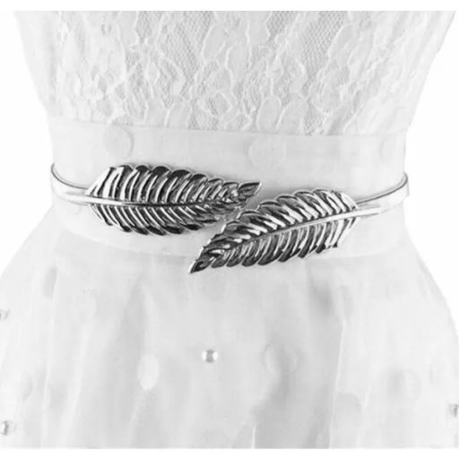 Női ezüst színű fém ruhaöv, 68-100 cm, levél díszcsat, 1 cm