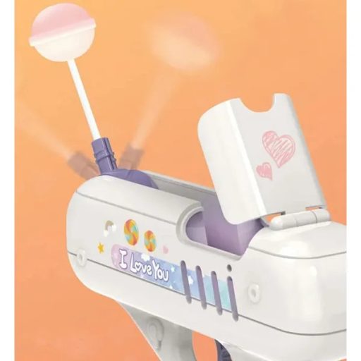 Elemes lila nyalóka-kilövő pisztoly gyerekeknek, 12 cm