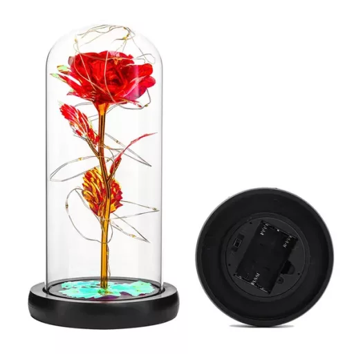 Örök rózsa üveg búrában RGB LED világítással, ajándékdoboz, piros