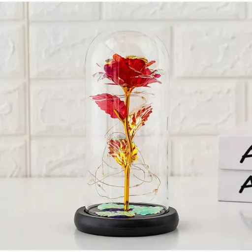 Örök rózsa üveg búrában RGB LED világítással, ajándékdoboz, piros