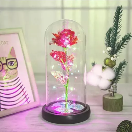 Örök rózsa üveg búrában RGB LED világítással, ajándékdoboz, piros