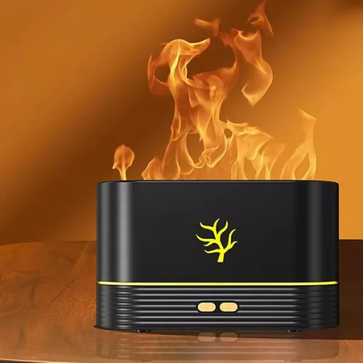 Fekete RGB lánghatású USB levegő párásító, 180 ml, 30 m²