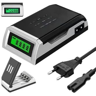   Univerzális AA/AAA/9V akkumulátor-töltő, 4 cellás, LCD-kijelzővel, hálózati adapterrel
