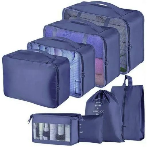 8 részes utazó rendszerező szett sötétkék, cipzáras hálós táskák