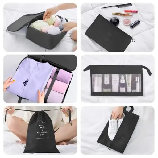 8 részes utazó rendszerező szett sötétkék, cipzáras hálós táskák