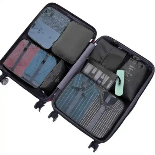 8 részes utazó rendszerező szett sötétkék, cipzáras hálós táskák