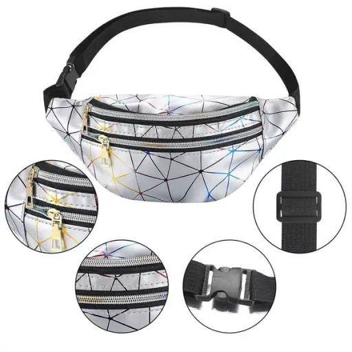 Vízálló ezüst övtáska 3 cipzáras rekesszel, állítható pánttal