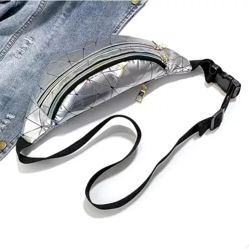 Vízálló ezüst övtáska 3 cipzáras rekesszel, állítható pánttal