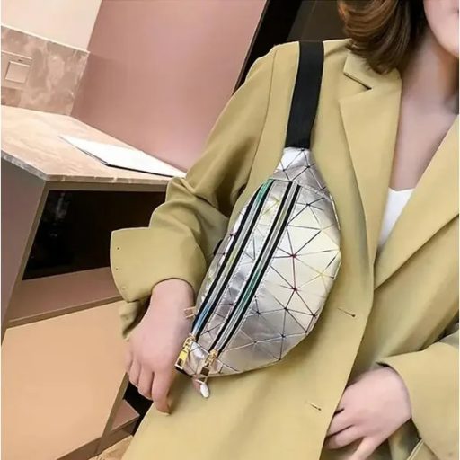 Vízálló ezüst övtáska 3 cipzáras rekesszel, állítható pánttal