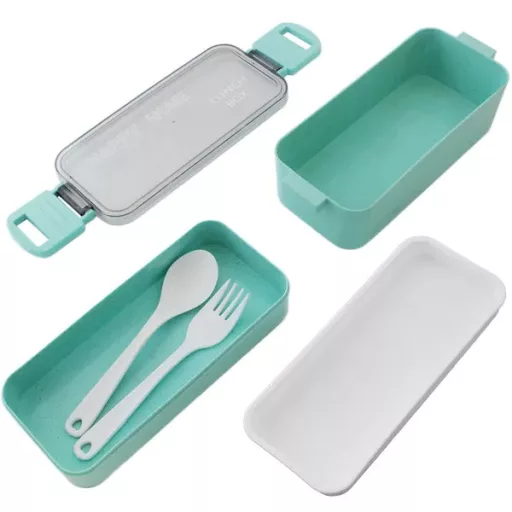 Zöld, 750 ml, kétrekeszes mikrózható ételhordó doboz beépített evőeszközzel