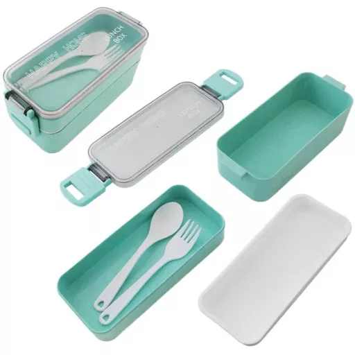 Zöld, 750 ml, kétrekeszes mikrózható ételhordó doboz beépített evőeszközzel