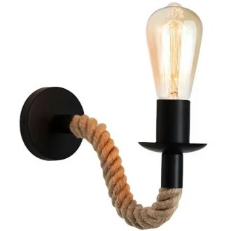   Loft fali lámpa E27, fekete acél kar valódi juta kötéllel
